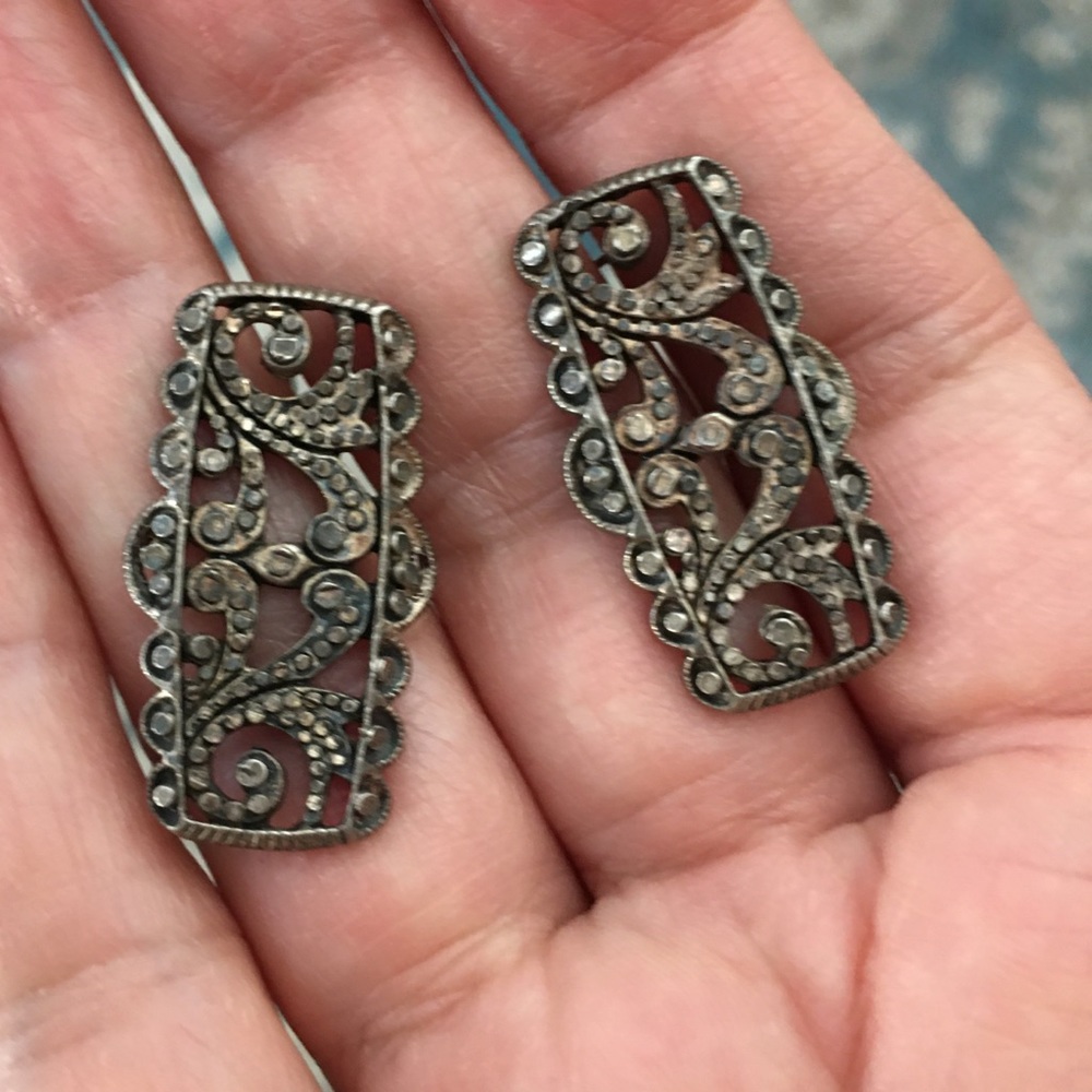 Antique Solid Sterling Silver Marcasite Large Ear… - image 6